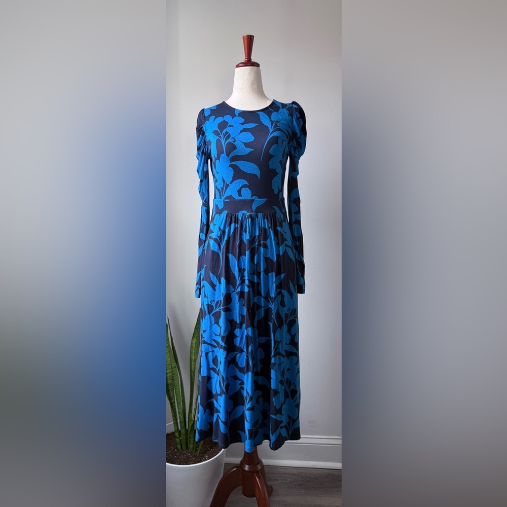 Boden Navy Dress with Vibrant Blue Floral Print Puffed Long Sleeve Blouson Midi